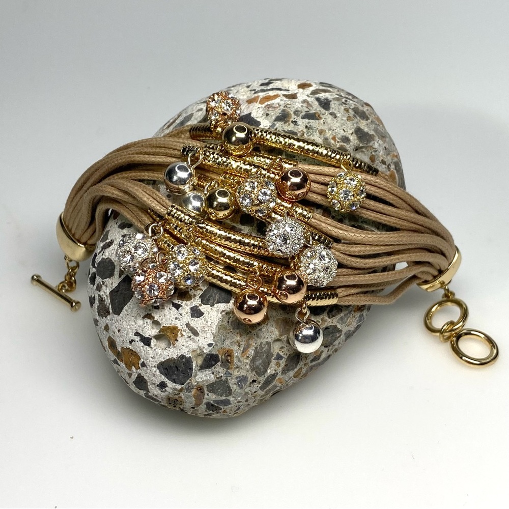 Bella & Jack Stacked Woven Rose Gold & Gold Tone w/ Rhinestone Baubles Bracelet